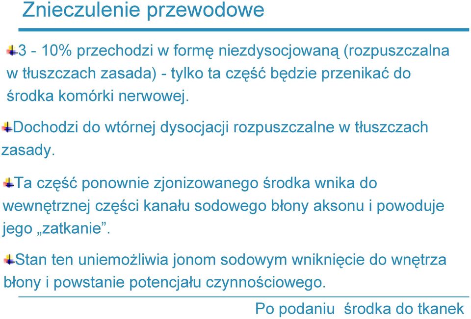 Ta część ponownie zjonizowanego środka wnika do wewnętrznej części kanału sodowego błony aksonu i powoduje jego zatkanie.