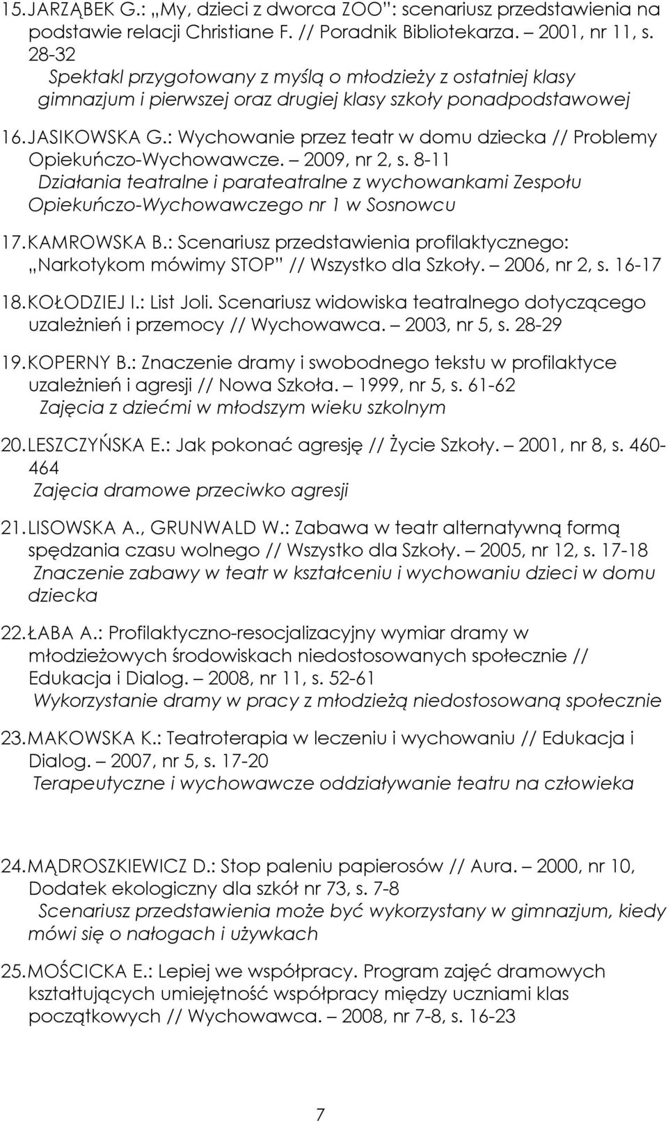 : Wychowanie przez teatr w domu dziecka // Problemy Opiekuńczo-Wychowawcze. 2009, nr 2, s. 8-11 Działania teatralne i parateatralne z wychowankami Zespołu Opiekuńczo-Wychowawczego nr 1 w Sosnowcu 17.