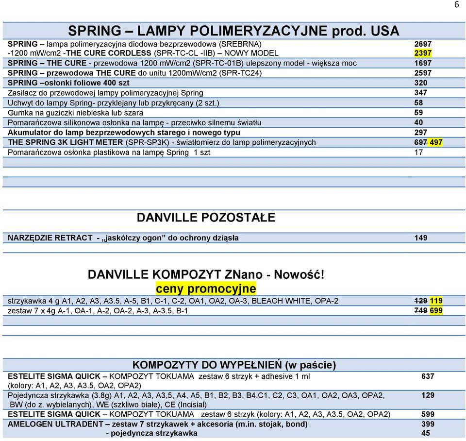 większa moc 1697 SPRING przewodowa THE CURE do unitu 1200mW/cm2 (SPR-TC24) 2597 SPRING osłonki foliowe 400 szt 320 Zasilacz do przewodowej lampy polimeryzacyjnej Spring 347 Uchwyt do lampy Spring-