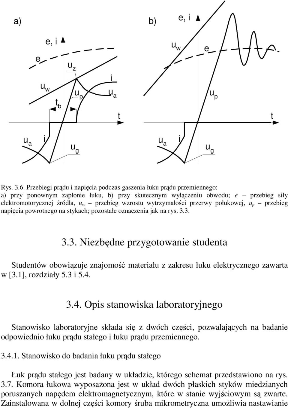 wytrzymałośc przerwy połukowej, u p przebeg napęca powrotnego na stykach; pozostałe oznaczena jak na rys. 3.