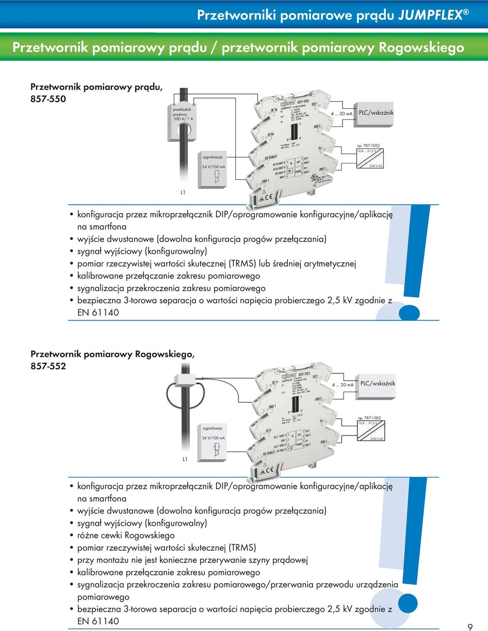 .. 31,2 V 230 V AC L1 konfiguracja przez mikroprzełącznik DIP/oprogramowanie konfiguracyjne/aplikację na smartfona wyjście dwustanowe (dowolna konfiguracja progów przełączania) sygnał wyjściowy