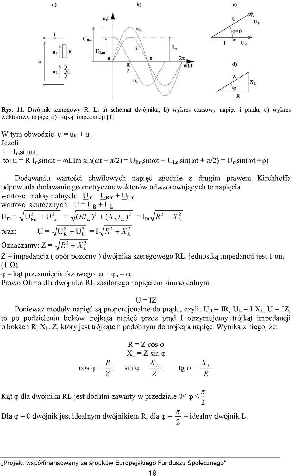 sinωt + ωlim sin(ωt + π/) = Rm sinωt + Lm sin(ωt + π/) = m sin(ωt +φ) Dodawaniu wartości chwilowych napięć zgodnie z drugim prawem Kirchhoffa odpowiada dodawanie geometryczne wektorów odwzorowujących