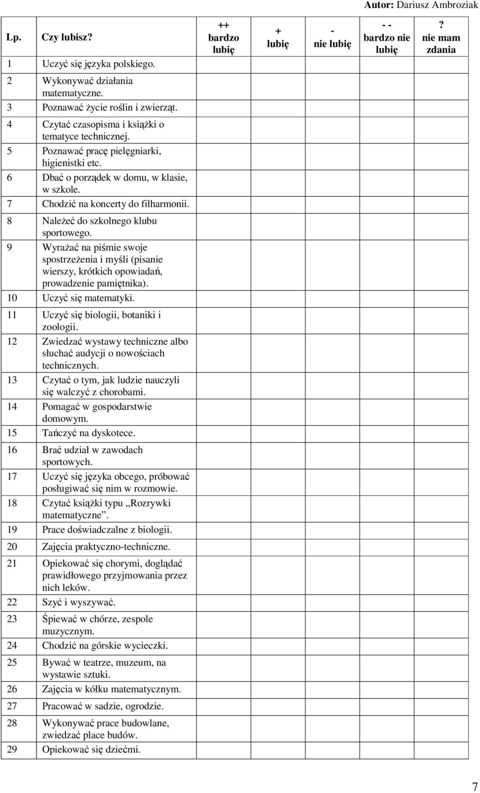 7 Chodzić na koncerty do filharmonii. 8 Należeć do szkolnego klubu sportowego. 9 Wyrażać na piśmie swoje spostrzeżenia i myśli (pisanie wierszy, krótkich opowiadań, prowadzenie pamiętnika).