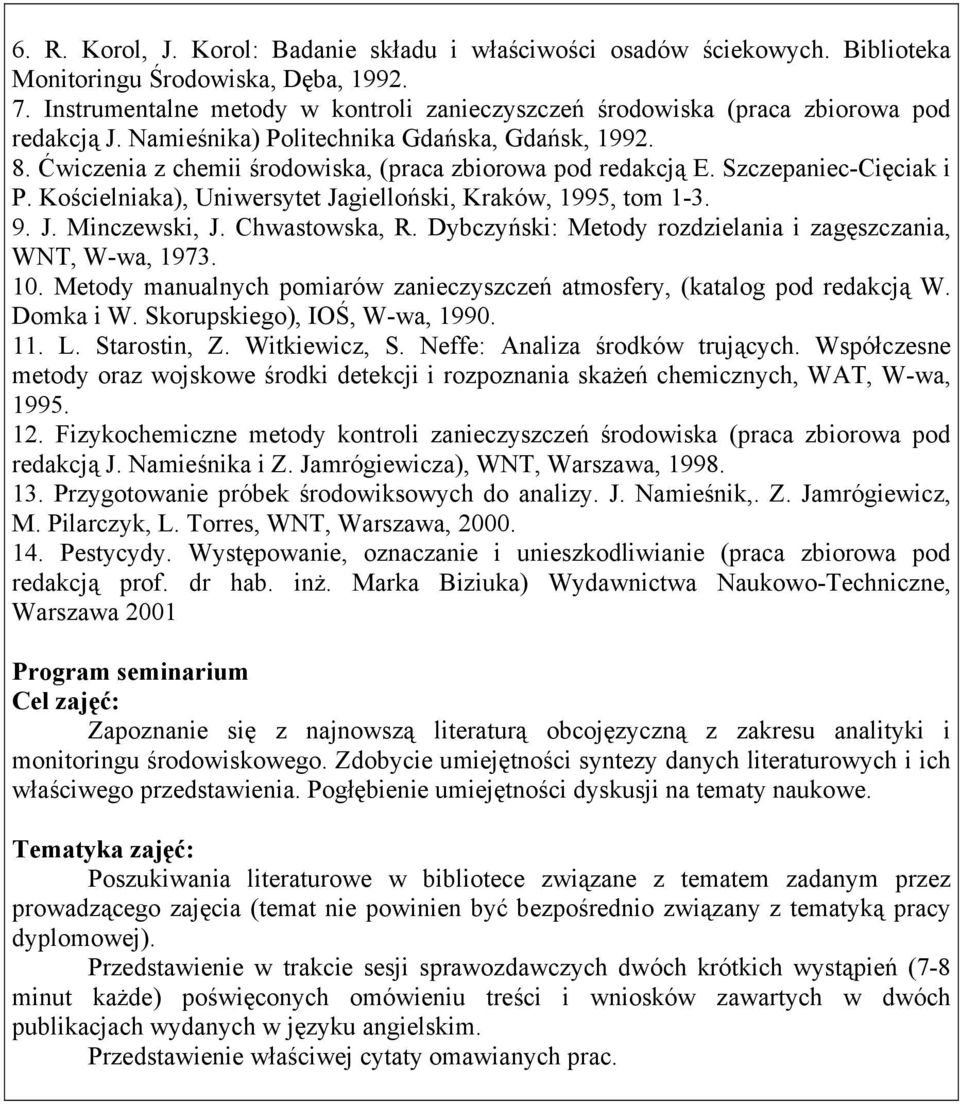 Ćwiczenia z chemii środowiska, (praca zbiorowa pod redakcją E. Szczepaniec-Cięciak i P. Kościelniaka), Uniwersytet Jagielloński, Kraków, 1995, tom 1-3. 9. J. Minczewski, J. Chwastowska, R.