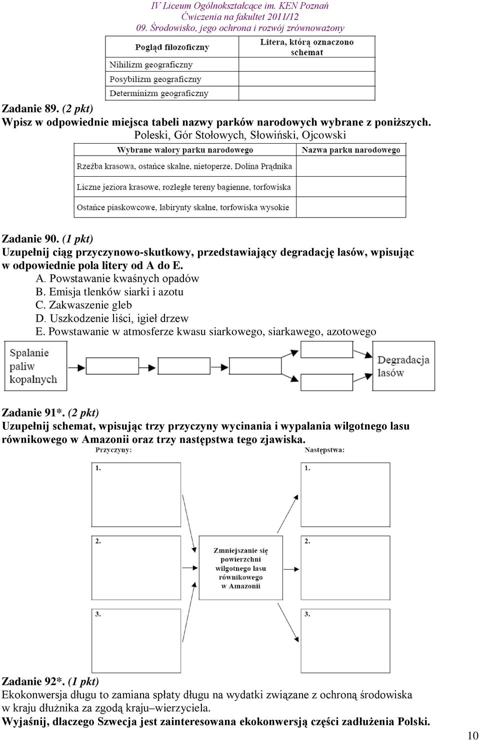 Zakwaszenie gleb D. Uszkodzenie liści, igieł drzew E. Powstawanie w atmosferze kwasu siarkowego, siarkawego, azotowego Zadanie 91*.