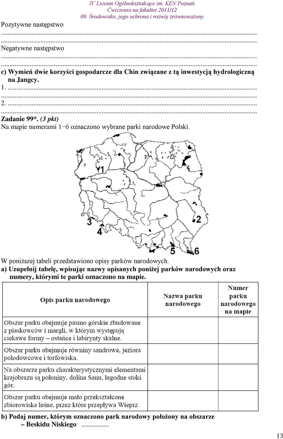 W poniższej tabeli przedstawiono opisy parków narodowych.