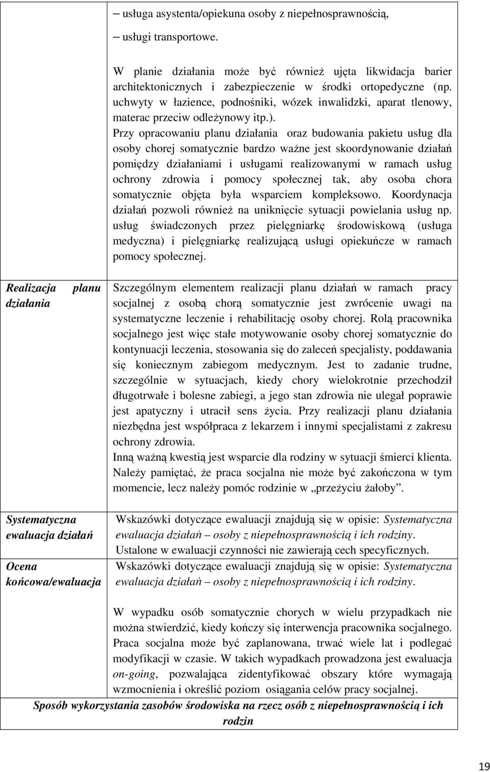 Przy opracowaniu planu działania oraz budowania pakietu usług dla osoby chorej somatycznie bardzo ważne jest skoordynowanie działań pomiędzy działaniami i usługami realizowanymi w ramach usług