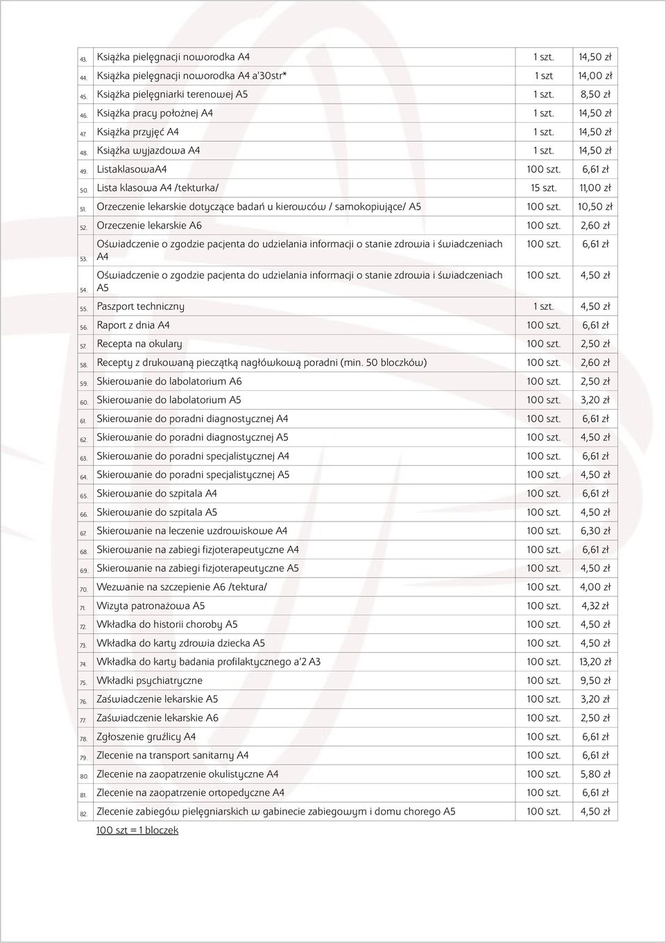 Orzeczenie lekarskie dotyczące badań u kierowców / samokopiujące/ A5 100 szt. 10,50 zł 52. Orzeczenie lekarskie A6 100 szt. 2,60 zł 53. 54.