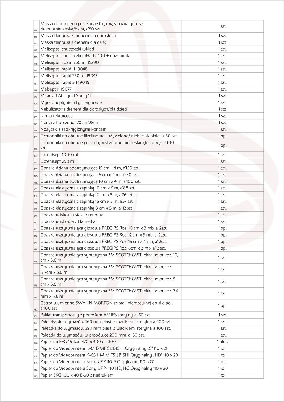 Meliseptol rapid 5 1 19049 152. Melsept 11 19077 153. Mikrozid Af Liquid Spray 1l 1 szt 154. Mydło w płynie 5 l glicerynowe 155. Nebulizator z drenem dla dorosłych/dla dzieci 1 szt 156.