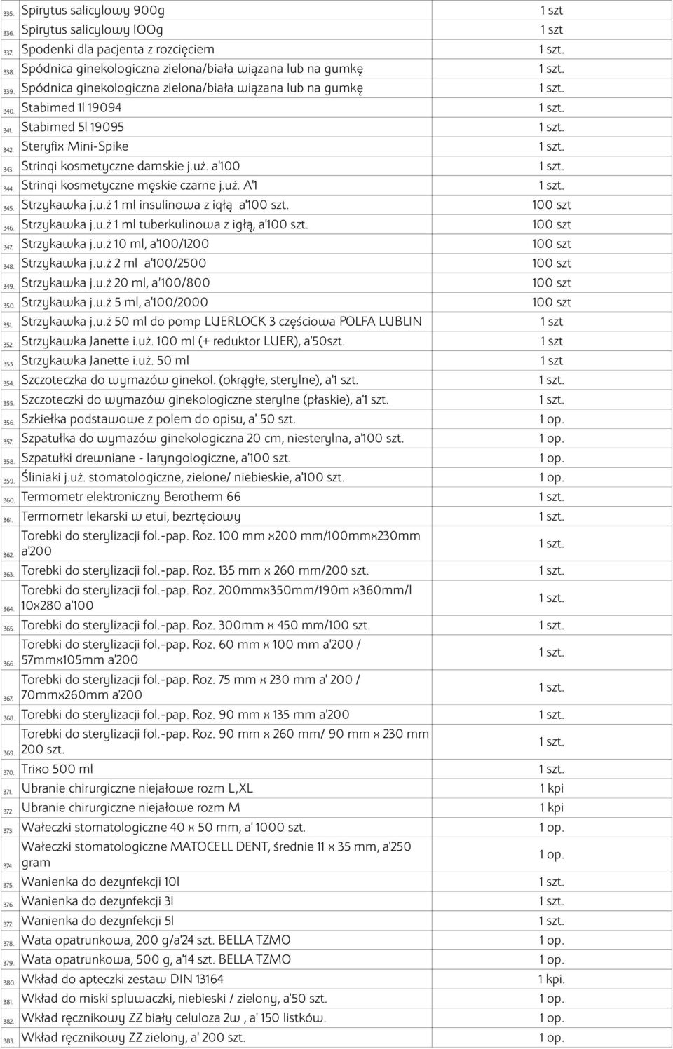 Strinqi kosmetyczne męskie czarne j.uż. A'1 345. Strzykawka j.u.ż 1 ml insulinowa z iqłą a'100 szt. 100 szt 346. Strzykawka j.u.ż 1 ml tuberkulinowa z igłą, a'100 szt. 100 szt 347. Strzykawka j.u.ż 10 ml, a'100/1200 100 szt 348.