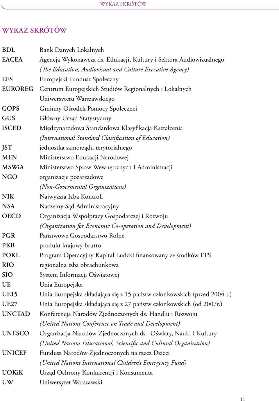 Uniwersytetu Warszawskiego GOPS Gminny Ośrodek Pomocy Społecznej GUS Główny Urząd Statystyczny ISCED Międzynarodowa Standardowa Klasyfikacja Kształcenia (International Standard Classification of