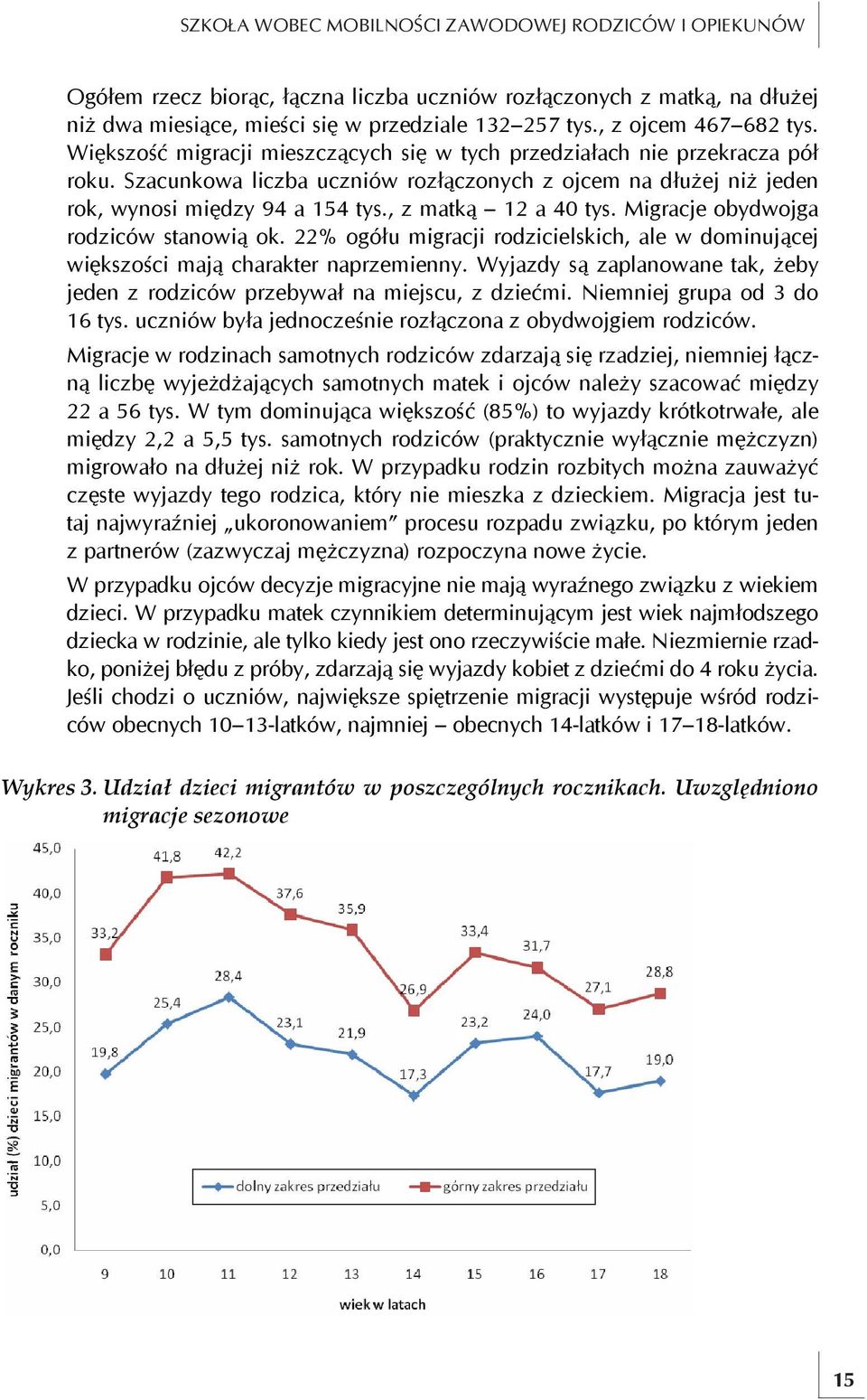 Szacunkowa liczba uczniów rozłączonych z ojcem na dłużej niż jeden rok, wynosi między 94 a 154 tys., z matką 12 a 40 tys. Migracje obydwojga rodziców stanowią ok.