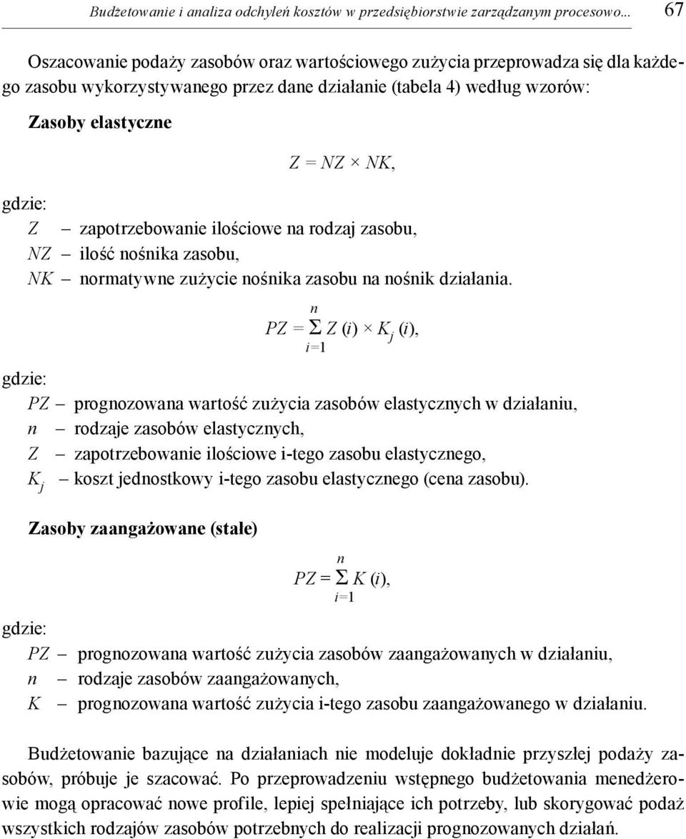 zapotrzebowanie ilościowe na rodzaj zasobu, NZ ilość nośnika zasobu, NK normatywne zużycie nośnika zasobu na nośnik działania.