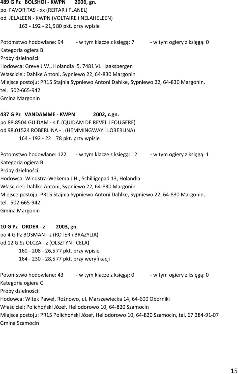 , Holandia 5, 7481 VL Haaksbergen Właściciel: Dahlke Antoni, Sypniewo 22, 64-830 Margonin Miejsce postoju: PR15 Stajnia Sypniewo Antoni Dahlke, Sypniewo 22, 64-830 Margonin, tel.