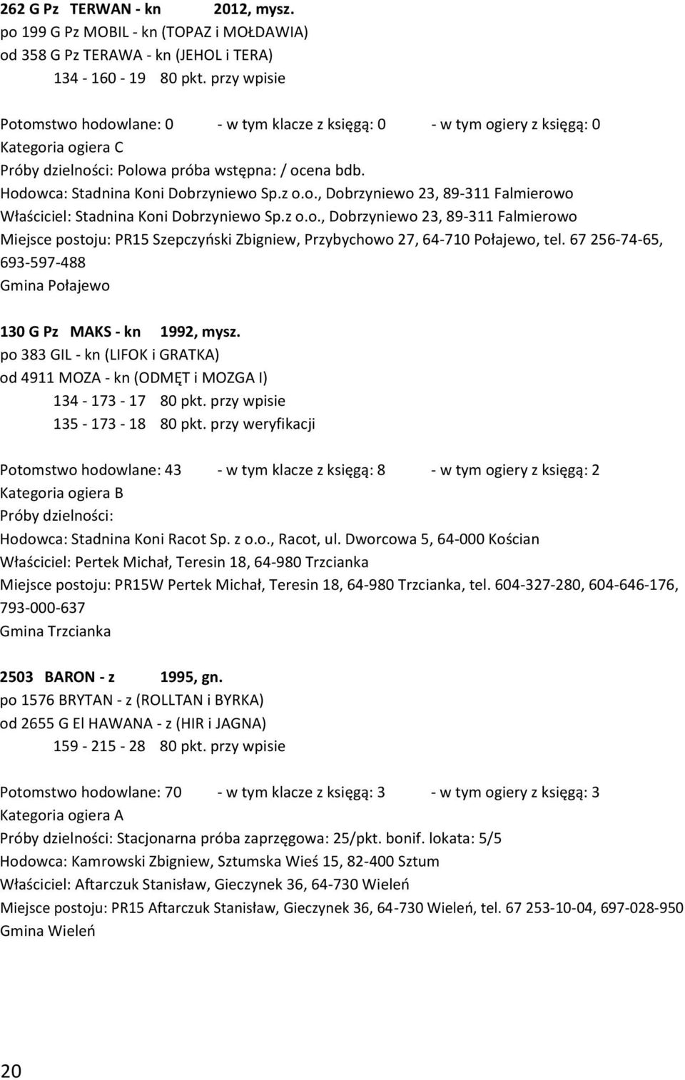 z o.o., Dobrzyniewo 23, 89-311 Falmierowo Miejsce postoju: PR15 Szepczyński Zbigniew, Przybychowo 27, 64-710 Połajewo, tel. 67 256-74-65, 693-597-488 Gmina Połajewo 130 G Pz MAKS - kn 1992, mysz.