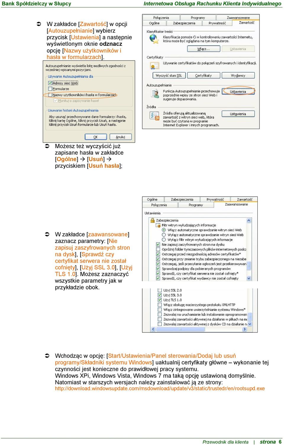 certyfikat serwera nie został cofnięty], [Użyj SSL 3.0], [Użyj TLS 1.0]. Możesz zaznaczyć wszystkie parametry jak w przykładzie obok.