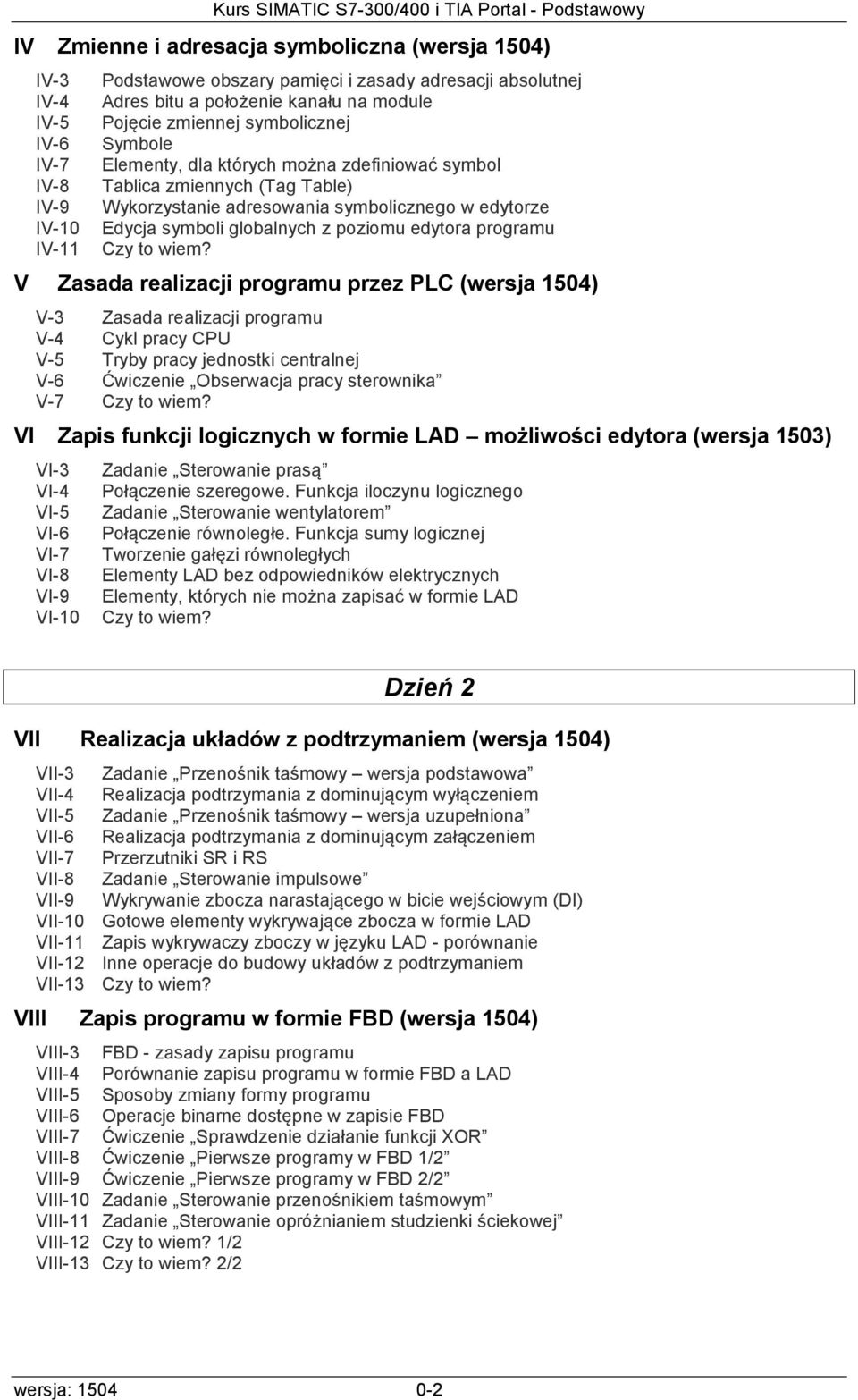 poziomu edytora programu V Zasada realizacji programu przez PLC (wersja 1504) V-3 Zasada realizacji programu V-4 Cykl pracy CPU V-5 Tryby pracy jednostki centralnej V-6 Ćwiczenie Obserwacja pracy