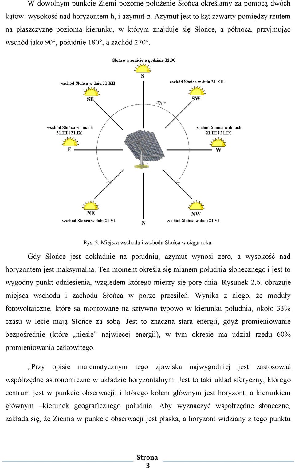 0. Rys. 2. Miejsca wschodu i zachodu Słońca w ciągu roku. Gdy Słońce jest dokładnie na południu, azymut wynosi zero, a wysokość nad horyzontem jest maksymalna.