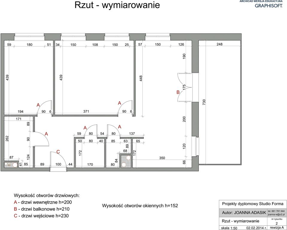 drzwiowych: A - drzwi wewnętrzne h=200 B - drzwi balkonowe h=210 C - drzwi wejściowe h=230 Wysokość otworów okiennych h=152 Projekty