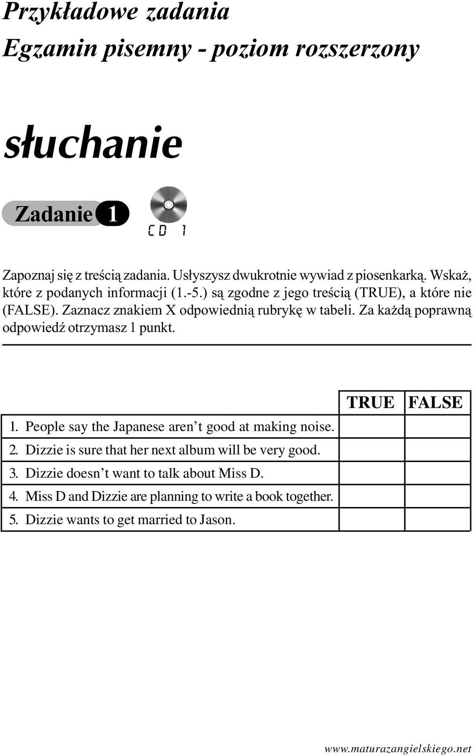 Za ka d¹ poprawn¹ odpowiedÿ otrzymasz 1 punkt. 1. People say the Japanese aren t good at making noise. 2. Dizzie is sure that her next album will be very good. 3.