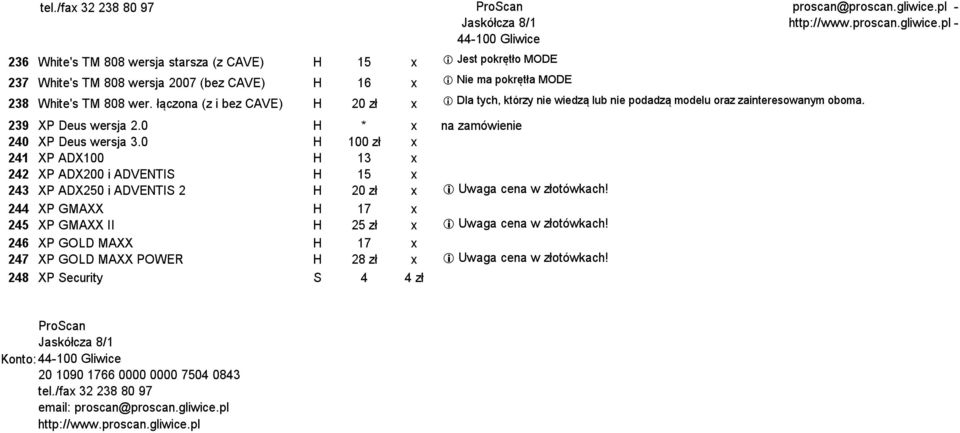 0 H 100 zł x 241 XP ADX100 H 13 x 242 XP ADX200 i ADVENTIS H 15 x 243 XP ADX250 i ADVENTIS 2 H 20 zł x i Uwaga cena w złotówkach!