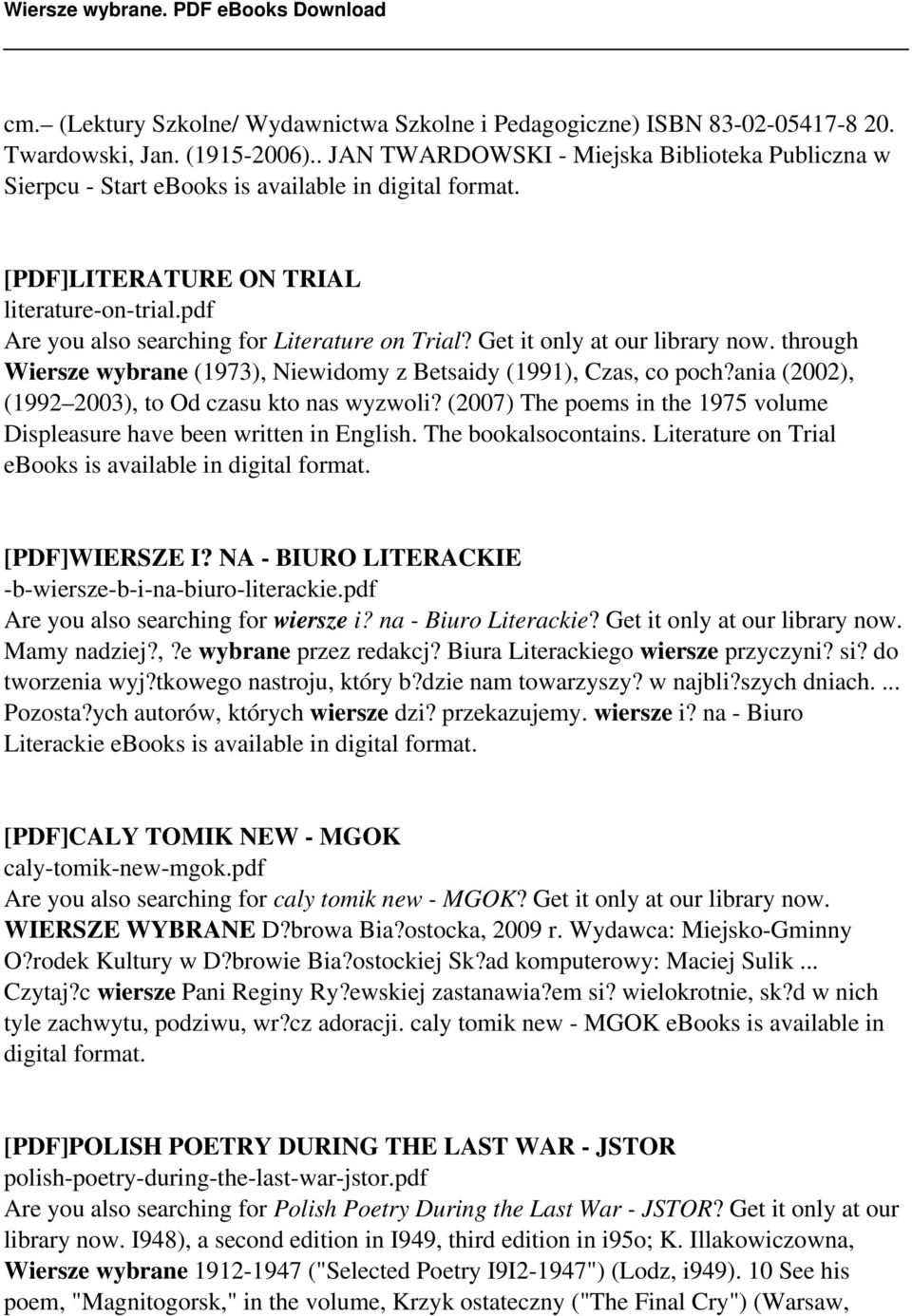 pdf Are you also searching for Literature on Trial? Get it only at our library now. through Wiersze wybrane (1973), Niewidomy z Betsaidy (1991), Czas, co poch?