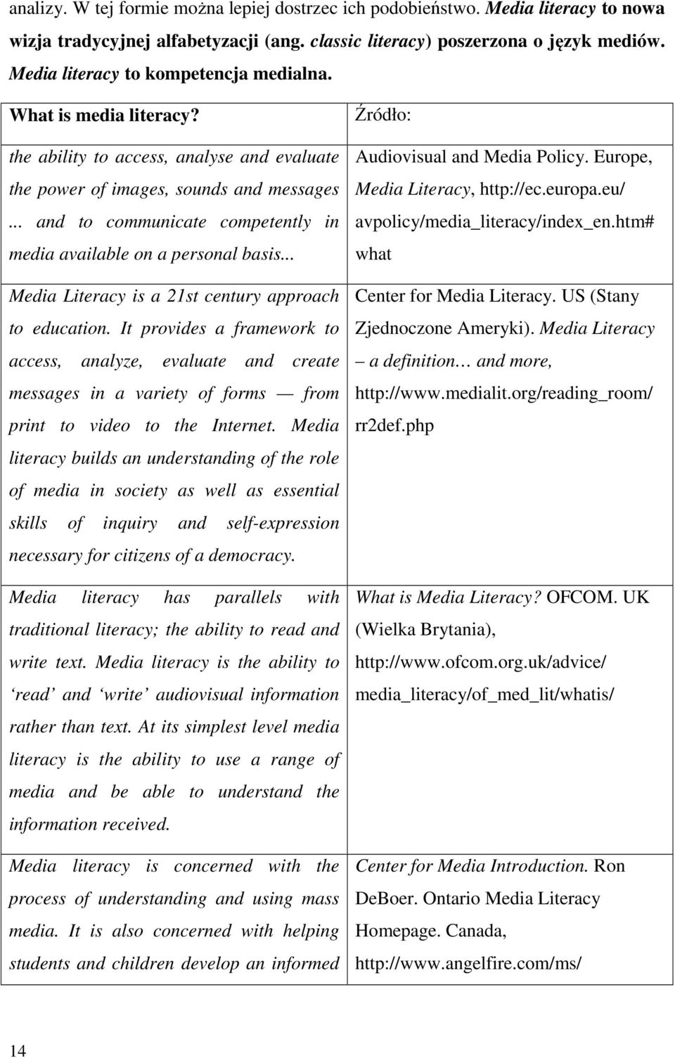 .. and to communicate competently in media available on a personal basis... Media Literacy is a 21st century approach to education.