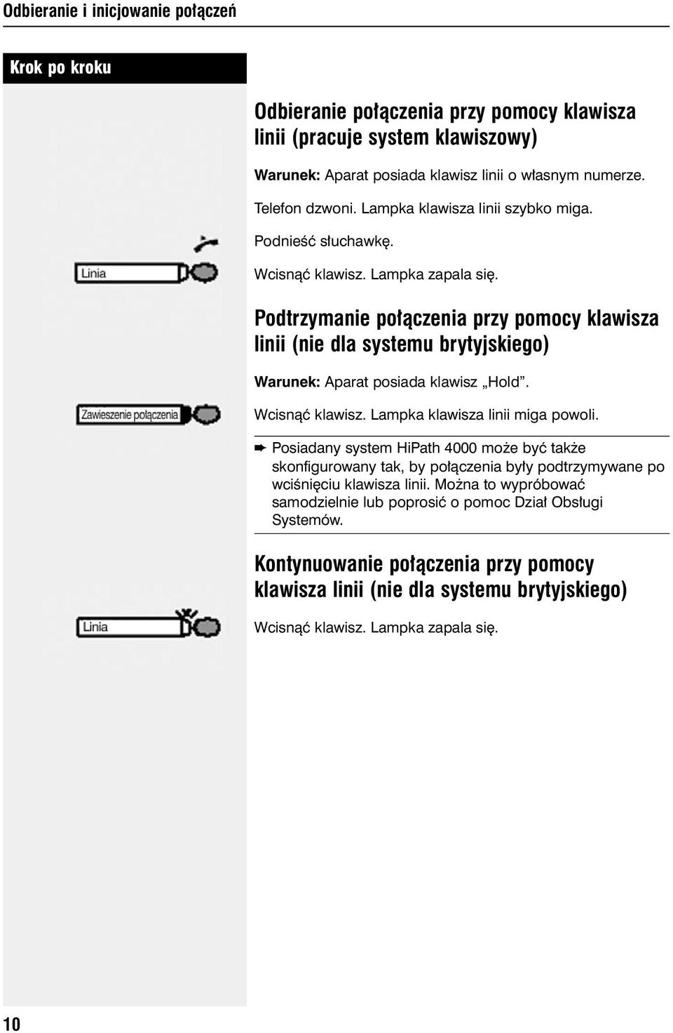 Podtrzymanie po àczenia przy pomocy klawisza linii (nie dla systemu brytyjskiego) Warunek: Aparat posiada klawisz Hold. Wcisnàç klawisz. Lampka klawisza linii miga powoli.