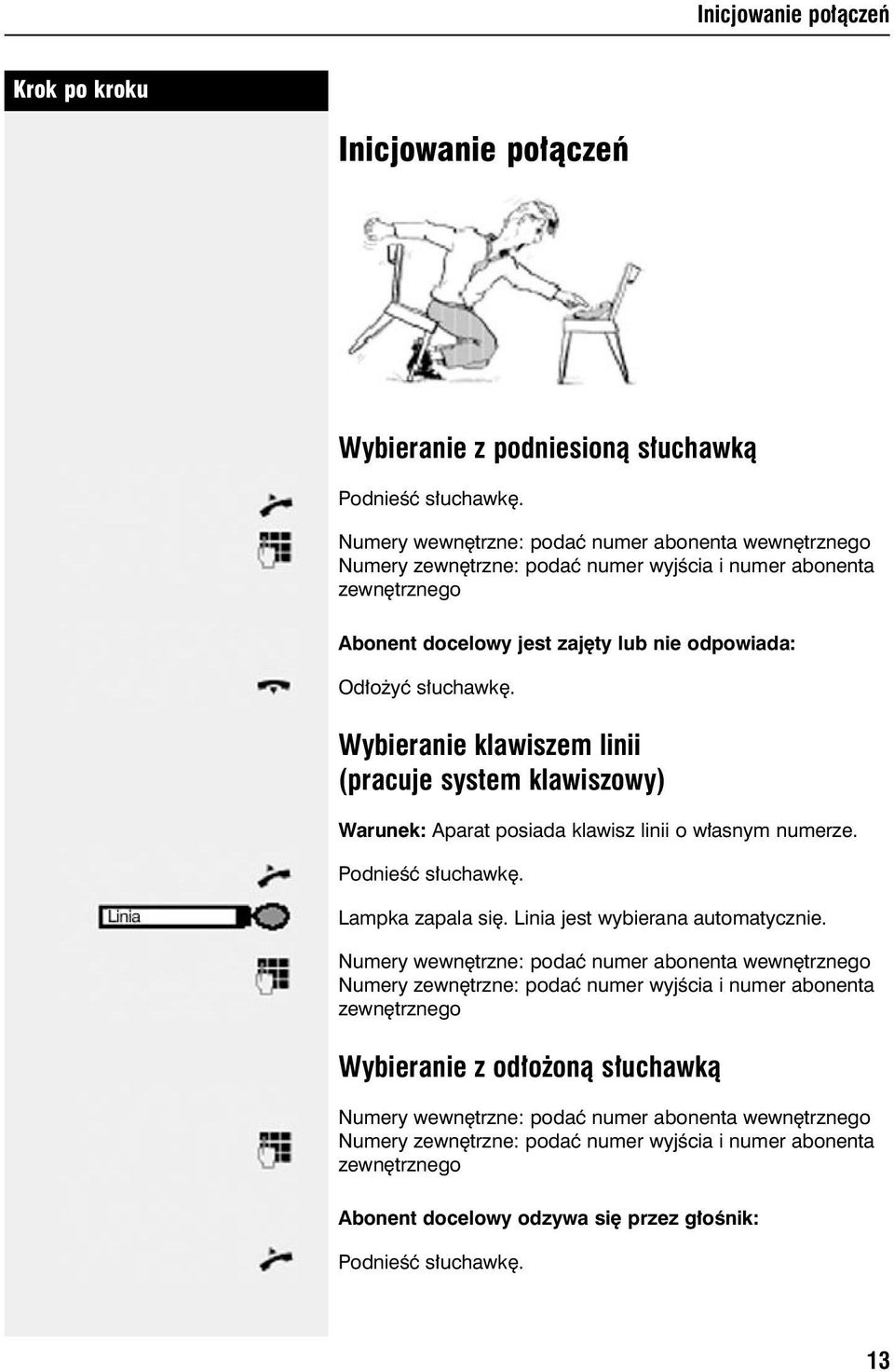 Wybieranie klawiszem linii (pracuje system klawiszowy) Warunek: Aparat posiada klawisz linii o w asnym numerze. PodnieÊç s uchawk. Lampka zapala si. Linia jest wybierana automatycznie.