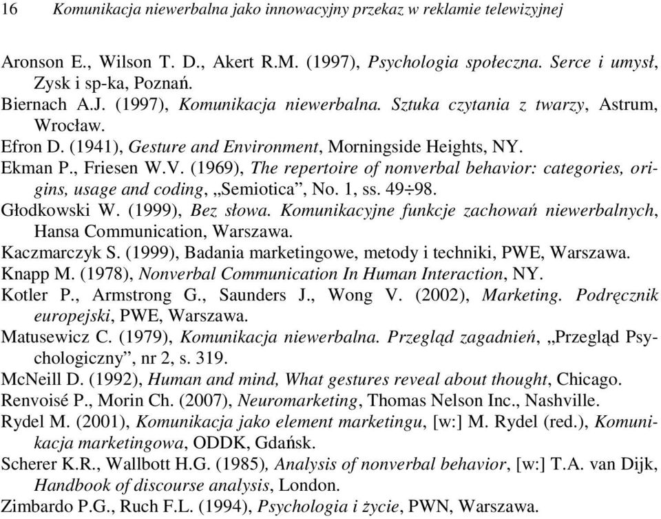 (1969), The repertoire of nonverbal behavior: categories, origins, usage and coding, Semiotica, No. 1, ss. 49 98. Głodkowski W. (1999), Bez słowa.