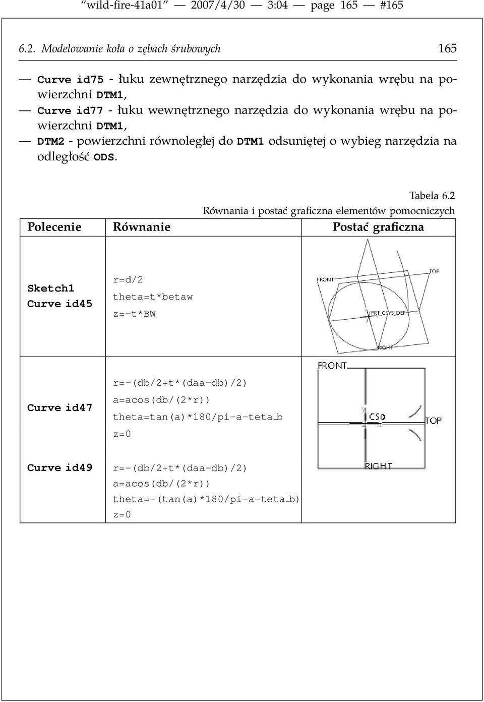 Modelowanie koła o zębach śrubowych 165 Curve id75 - łuku zewnętrznego narzędzia do wykonania wrębu na powierzchni DTM1, Curve id77 - łuku wewnętrznego narzędzia