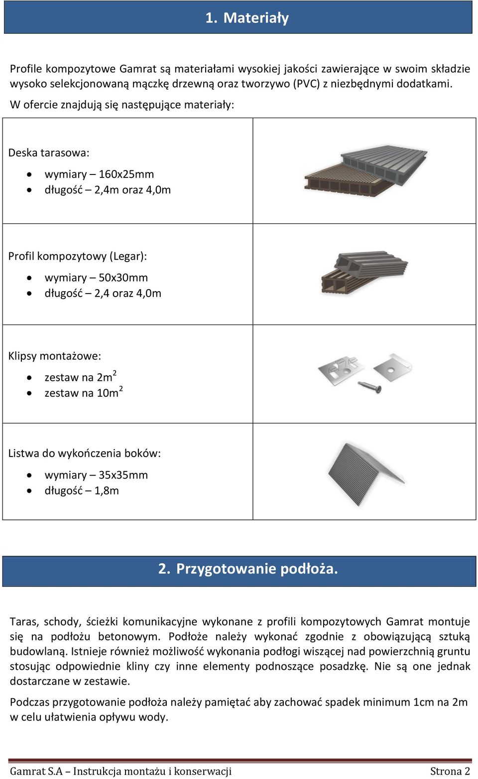 2 zestaw na 10m 2 Listwa do wykończenia boków: wymiary 35x35mm długość 1,8m 2. Przygotowanie podłoża.