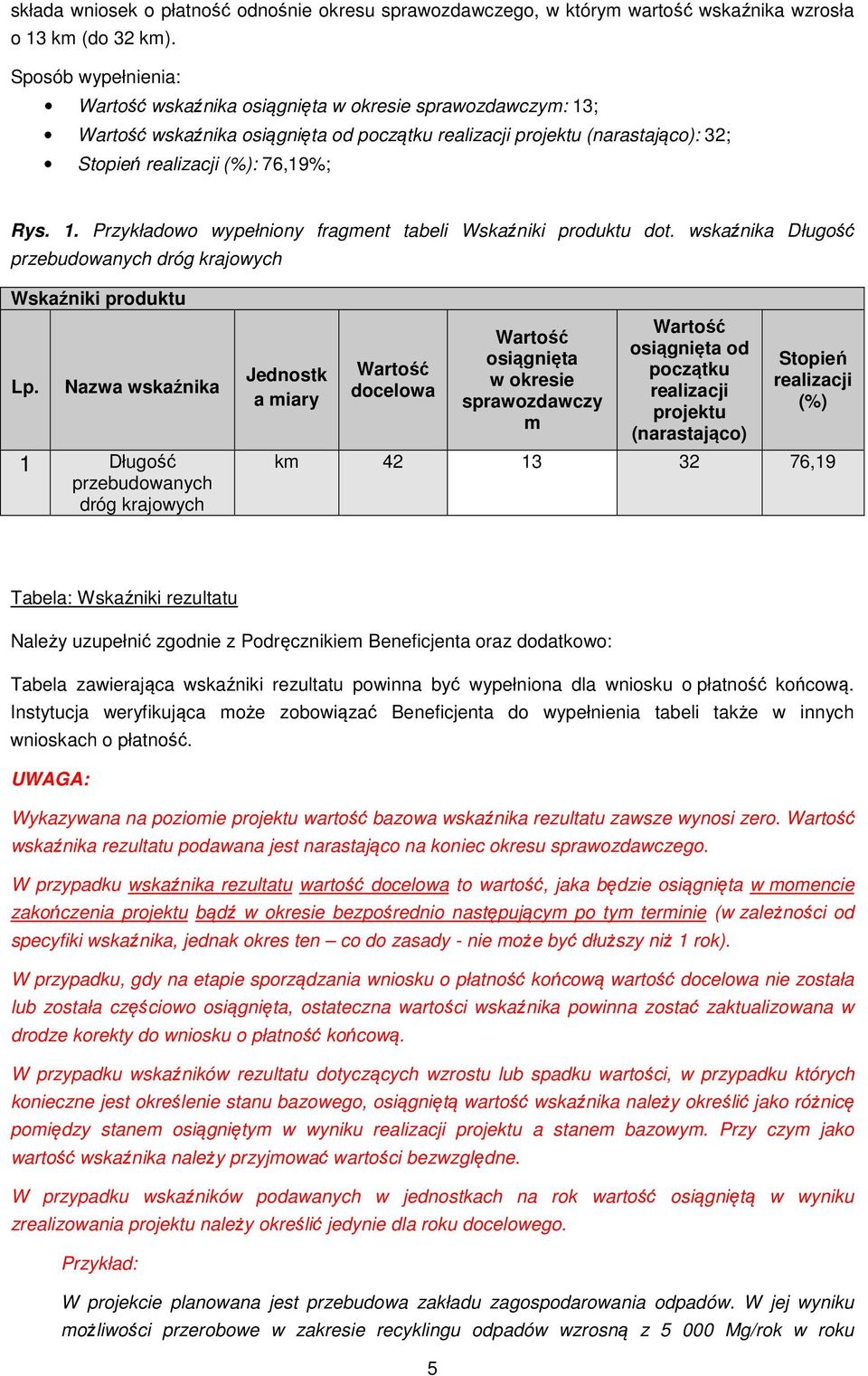 wskaźnika Długość przebudowanych dróg krajowych Wskaźniki produktu Lp.