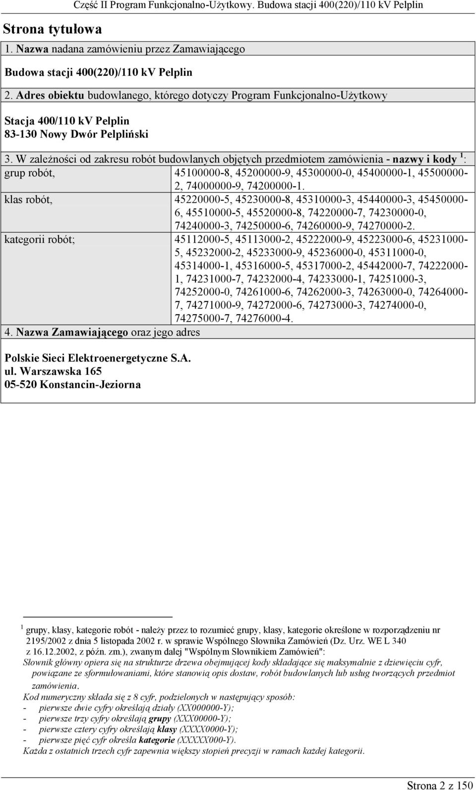 W zależności od zakresu robót budowlanych objętych przedmiotem zamówienia - nazwy i kody 1 : grup robót, 45100000-8, 45200000-9, 45300000-0, 45400000-1, 45500000-2, 74000000-9, 74200000-1.