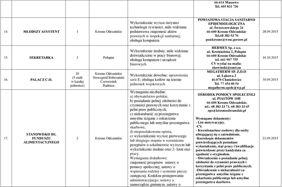 SANITARNO EPIDEMIOLOGICZNA ul.świerczewskiego 24 Tel.68 383 53 70 pssekrosno@wsse.gorzow.pl 28.09.205 5. SEKRETARKA Połupin 6. PALACZ C.O. 7. STANOWISKO DS.