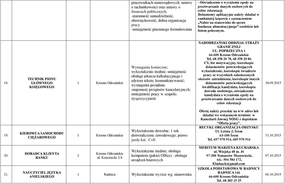 Dokumenty aplikacyjne należy składać w zamkniętej kopercie z zaznaczeniem Nabór na stanowisko do spraw funduszu alimentacyjnego -osobiście lub listem poleconym. 8.