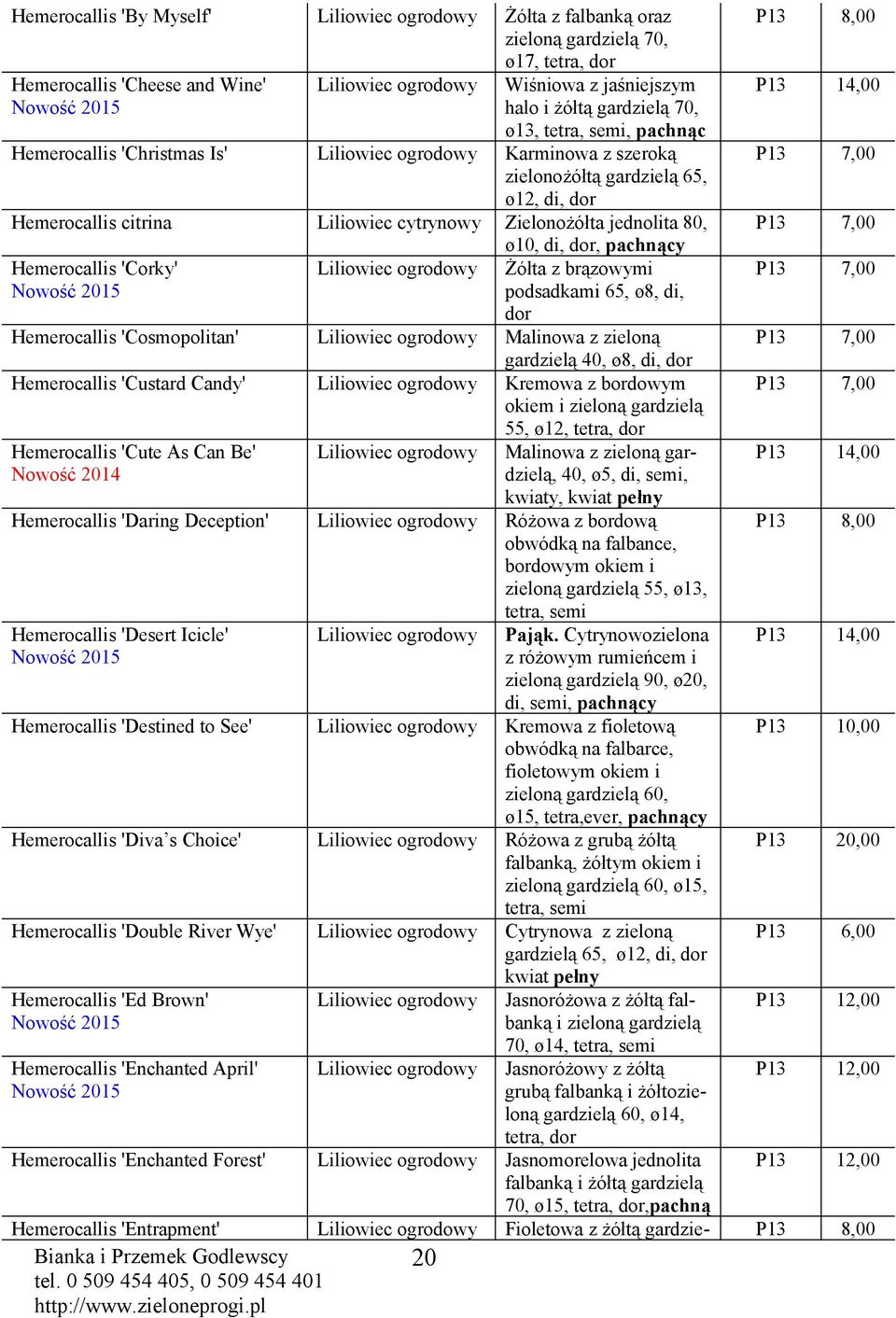 80, ø10, di, dor, pachnący Hemerocallis 'orky' Liliowiec ogrodowy Żółta z brązowymi podsadkami 65, ø8, di, dor Hemerocallis 'osmopolitan' Liliowiec ogrodowy Malinowa z zieloną gardzielą 40, ø8, di,