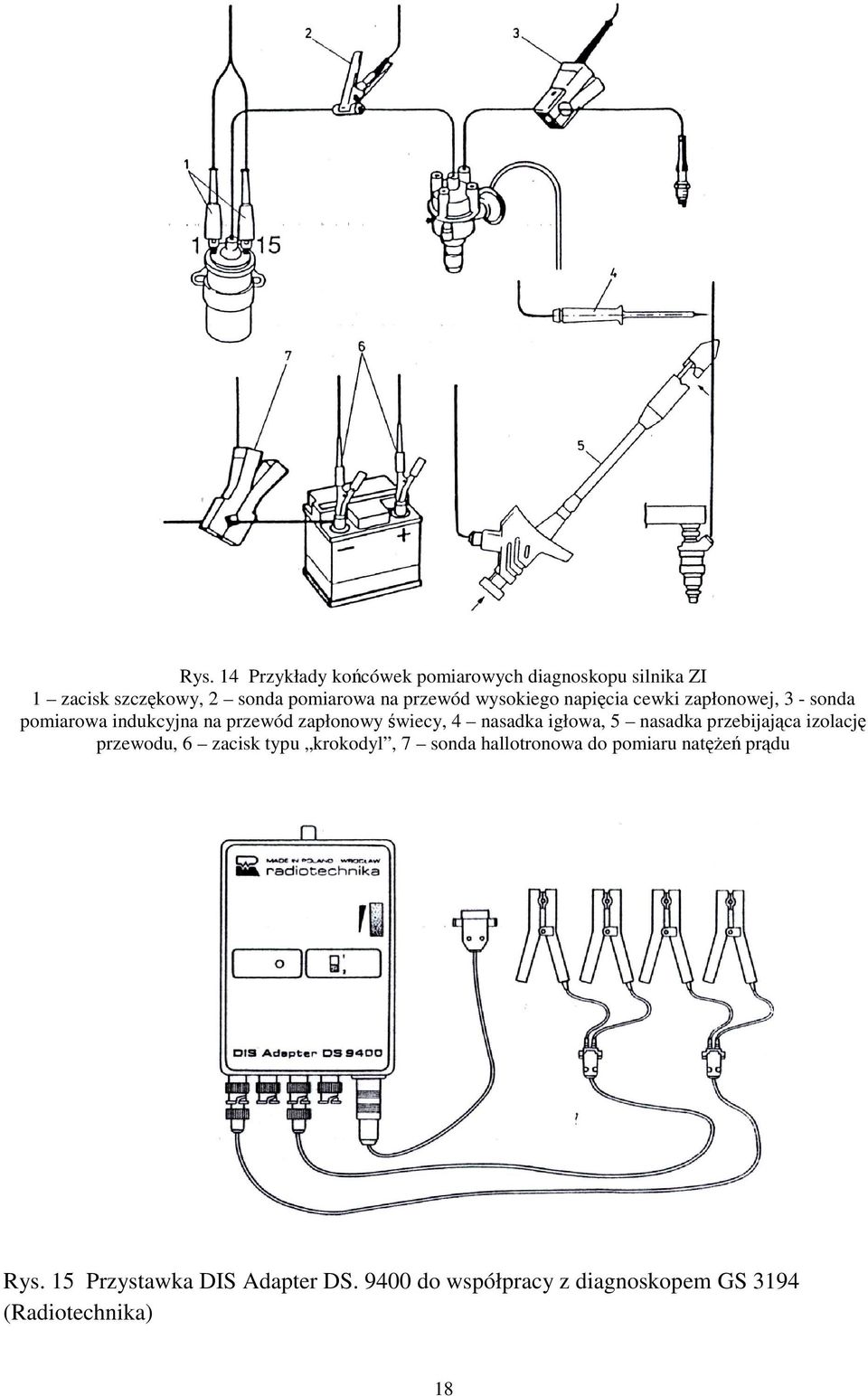 nasadka igłowa, 5 nasadka przebijajca izolacj przewodu, 6 zacisk typu krokodyl, 7 sonda hallotronowa do