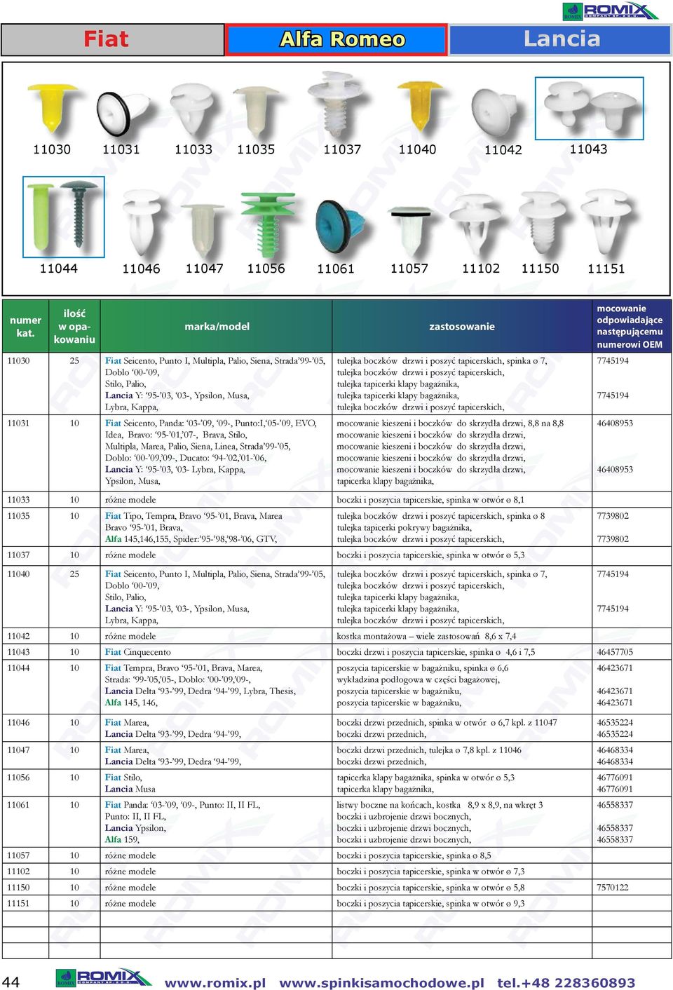 99-05, Doblo: 00-09, 09-, Ducato: 94-02, 01-06, Lancia Y: 95-03, 03- Lybra, Kappa, Ypsilon, Musa, tulejka boczków drzwi i poszyć tapicerskich, spinka ø 7, tulejka boczków drzwi i poszyć tapicerskich,