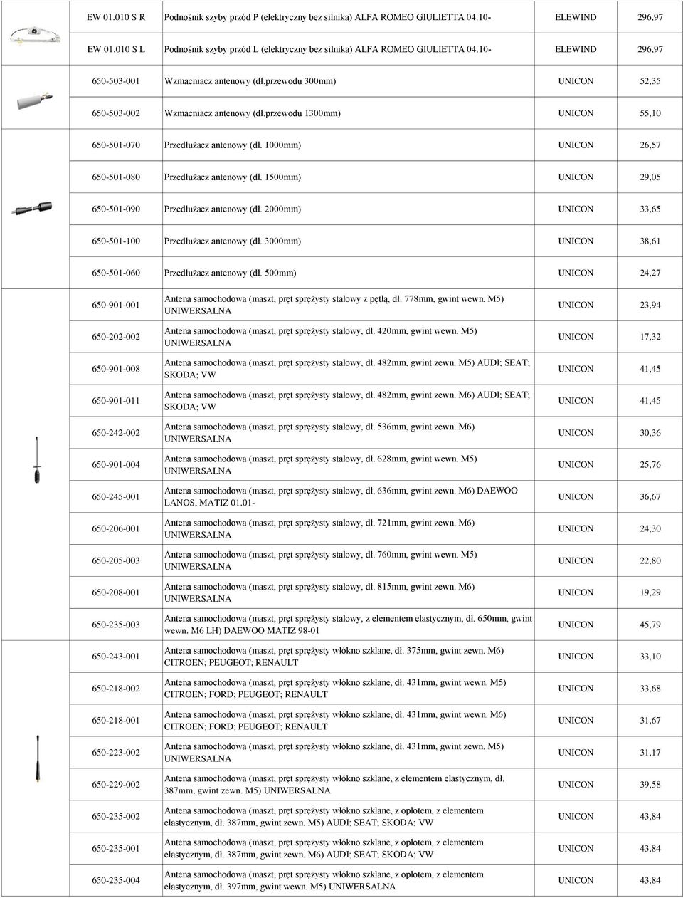 1000mm) UNICON 26,57 650-501-080 Przedłużacz antenowy (dł. 1500mm) UNICON 29,05 650-501-090 Przedłużacz antenowy (dł. 2000mm) UNICON 33,65 650-501-100 Przedłużacz antenowy (dł.