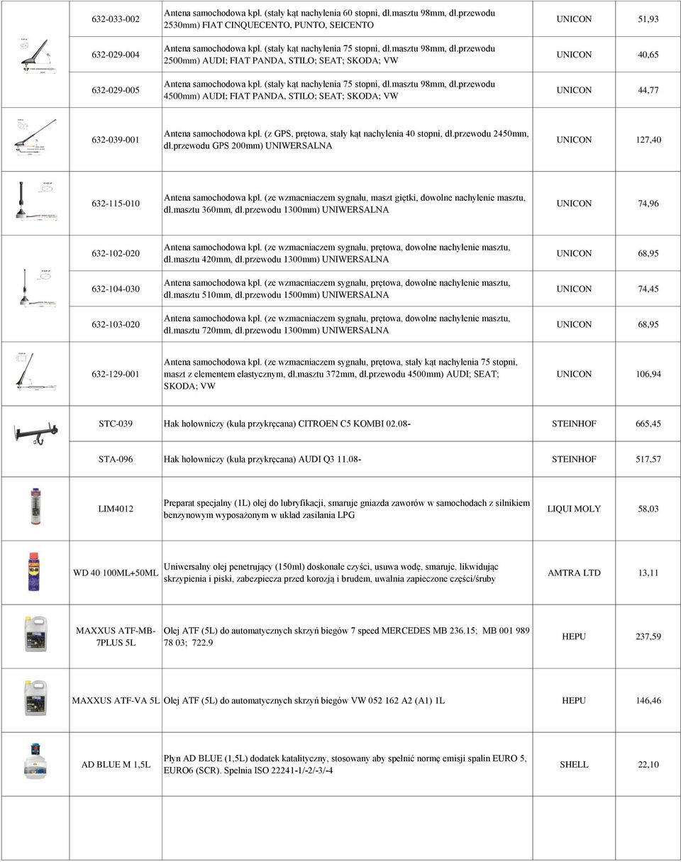 (z GPS, prętowa, stały kąt nachylenia 40 stopni, dł.przewodu 2450mm, dł.przewodu GPS 200mm) UNIWERSALNA UNICON 127,40 632-115-010 Antena samochodowa kpl.