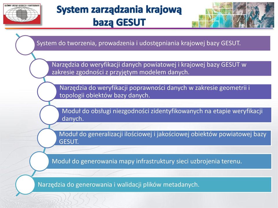 Narzędzia do weryfikacji poprawności danych w zakresie geometrii i topologii obiektów bazy danych.