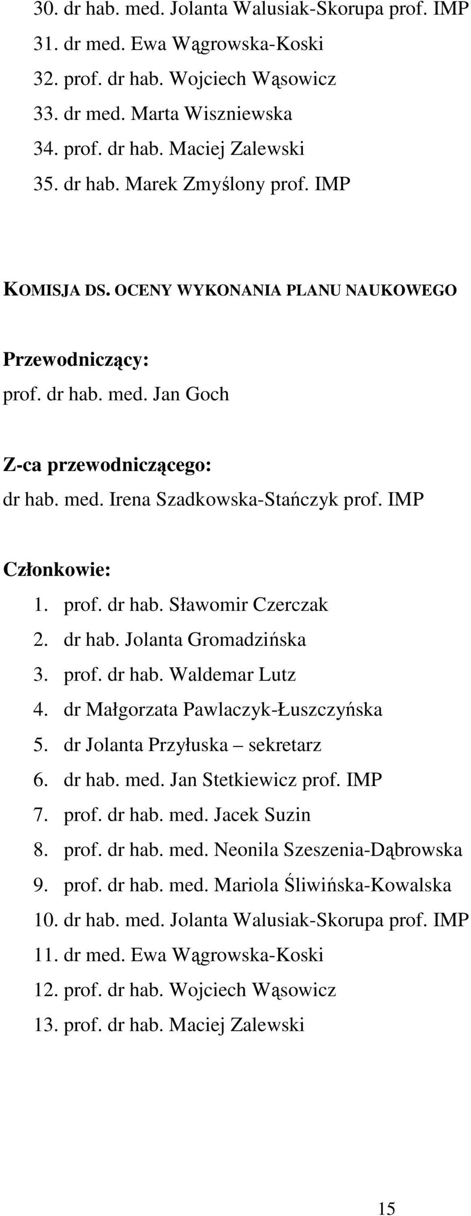 dr hab. Jolanta Gromadzińska 3. prof. dr hab. Waldemar Lutz 4. dr Małgorzata Pawlaczyk-Łuszczyńska 5. dr Jolanta Przyłuska sekretarz 6. dr hab. med. Jan Stetkiewicz prof. IMP 7. prof. dr hab. med. Jacek Suzin 8.