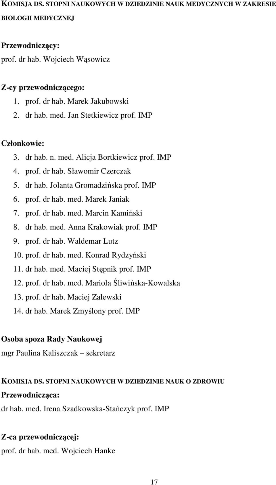 prof. dr hab. med. Marcin Kamiński 8. dr hab. med. Anna Krakowiak prof. IMP 9. prof. dr hab. Waldemar Lutz 10. prof. dr hab. med. Konrad Rydzyński 11. dr hab. med. Maciej Stępnik prof. IMP 12. prof. dr hab. med. Mariola Śliwińska-Kowalska 13.