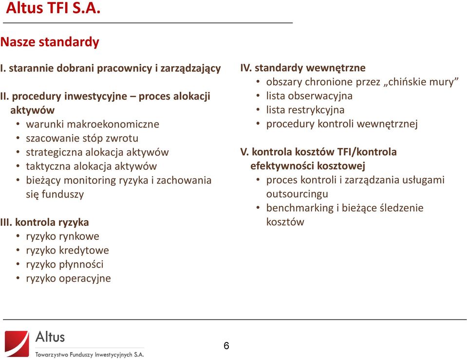 monitoring ryzyka i zachowania się funduszy III. kontrola ryzyka ryzyko rynkowe ryzyko kredytowe ryzyko płynności ryzyko operacyjne IV.