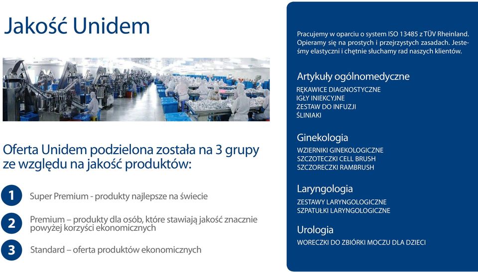 Artykuły ogólnomedyczne RĘKAWICE DIAGNOSTYCZNE IGŁY INIEKCYJNE ZESTAW DO INFUZJI ŚLINIAKI Oferta Unidem podzielona została na 3 grupy ze względu na jakość produktów: Ginekologia