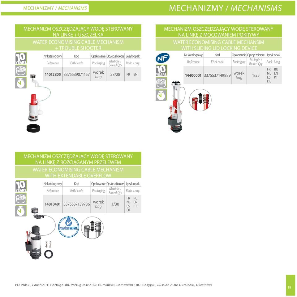 14012805 3375539071157 worek 28/28 FR EN MECHANIZM OSZCZĘDZAJĄCY WODĘ STEROWANY NA LINKĘ Z MOCOWANIEM POKRYWY WATER ECONOMISING CABLE MECHANSIM WITH SLIDING LID LOCKING DEVICE Nr katalogowy Kod