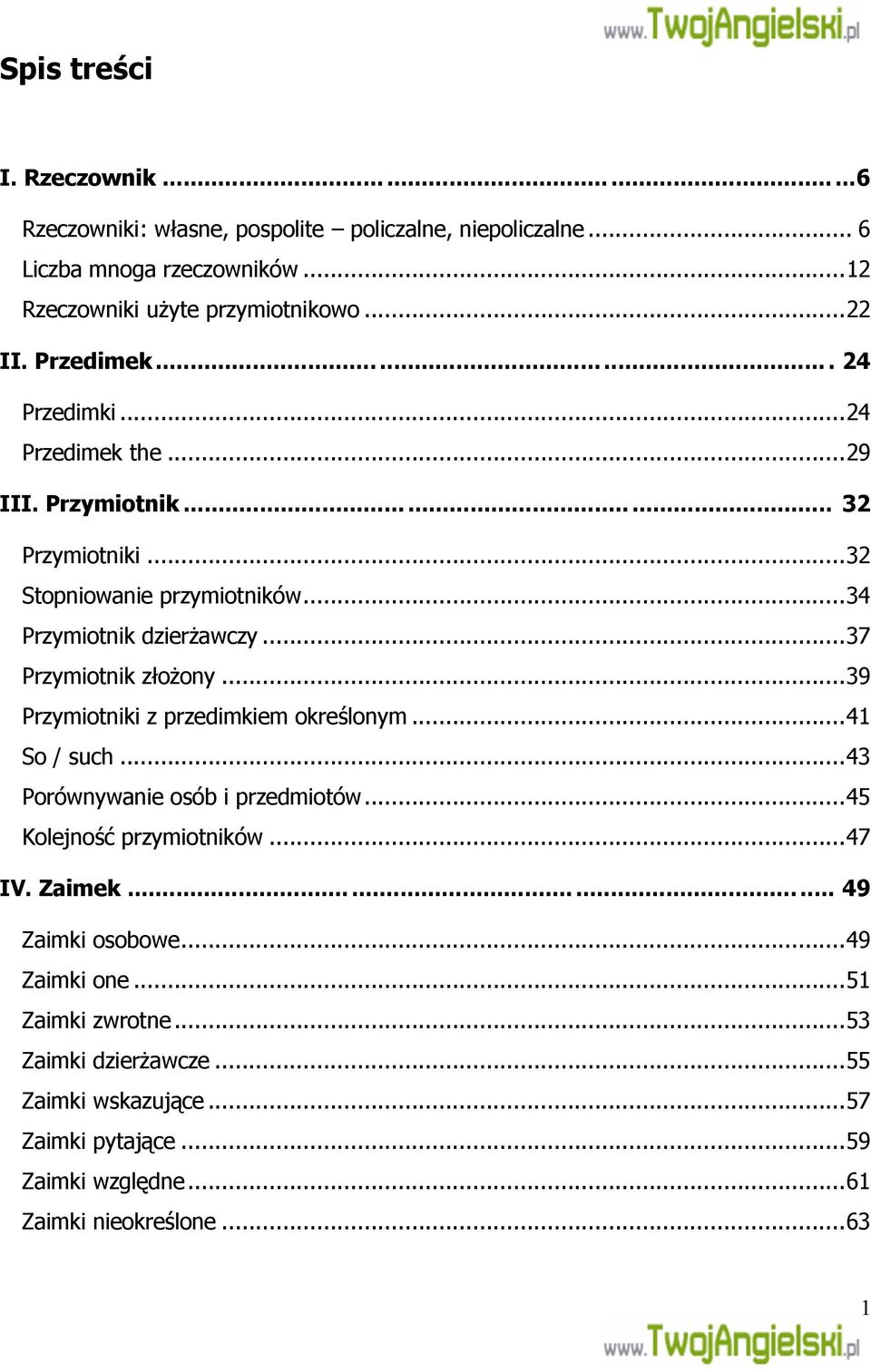 ..37 Przymiotnik złożony...39 Przymiotniki z przedimkiem określonym...41 So / such...43 Porównywanie osób i przedmiotów...45 Kolejność przymiotników...47 IV. Zaimek.