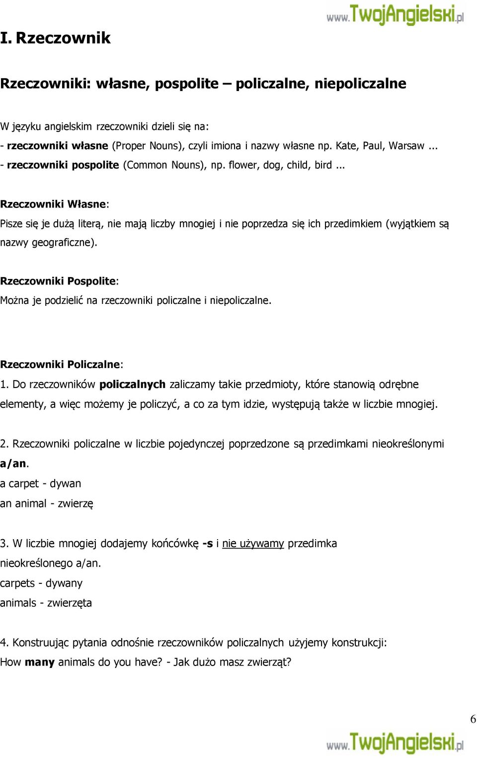 .. Rzeczowniki Własne: Pisze się je dużą literą, nie mają liczby mnogiej i nie poprzedza się ich przedimkiem (wyjątkiem są nazwy geograficzne).