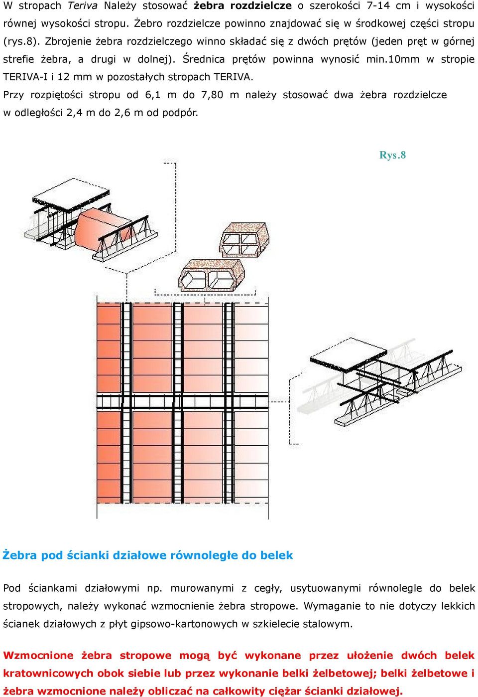 10mm w stropie TERIVA-I i 12 mm w pozostałych stropach TERIVA. Przy rozpiętości stropu od 6,1 m do 7,80 m należy stosować dwa żebra rozdzielcze w odległości 2,4 m do 2,6 m od podpór. Rys.8 Rys.